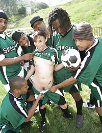 Sexy soccer babe fucks six guys on the field