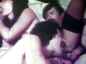 One vintage horny girl takes three dicks at the same time
