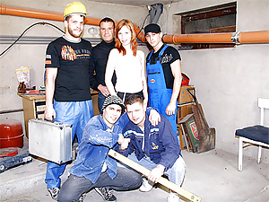 Horny chick is gangbanged by several horny houseworkers