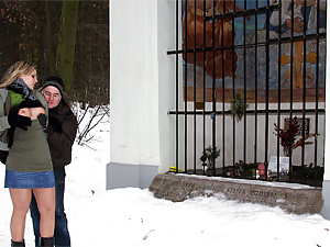 A horny couple loves fucking at a public chapel in the snow