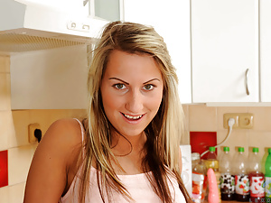 Blonde spinner with little tits undresses in her bedroom