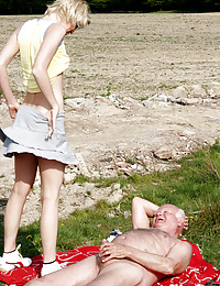 Sneaky grandpa stalking a teen who is out to masturbate