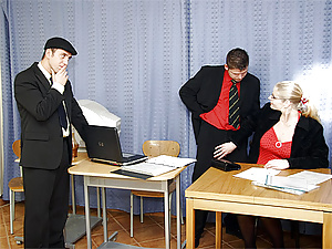 Three guys shooting their big cumloads all over her glasses