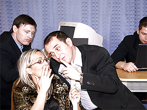 Cute blonde chick gets banged at her office by three guys