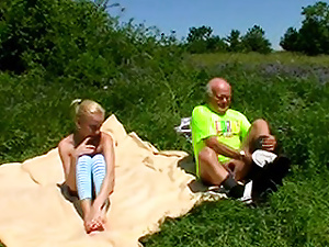 Old man seen spying on a naked teen masturbating outside.